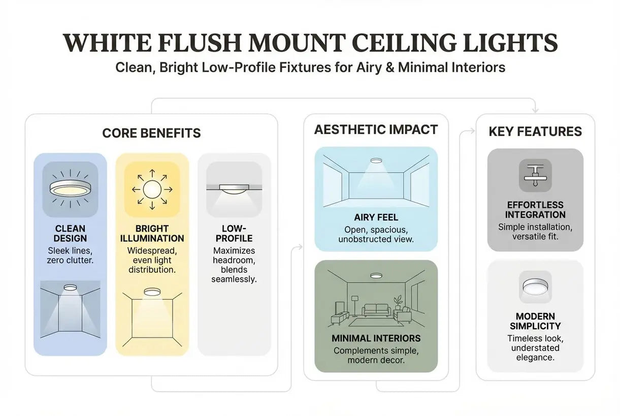 Witte plafondlampen voor vlakke montage: strakke, lichte, lage armaturen voor een luchtig en minimalistisch interieur - infographic