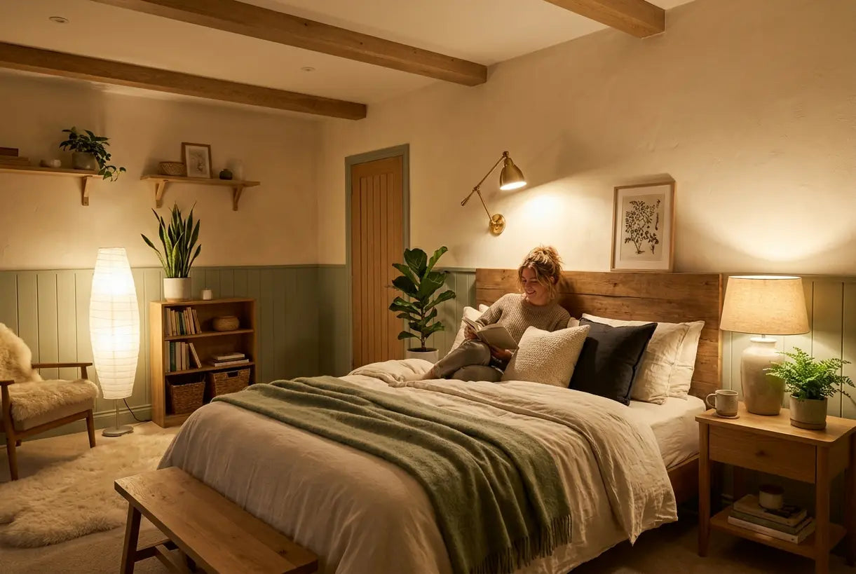 Cozy basement bedroom with layered Scandinavian lighting including wall sconces and floor lamps