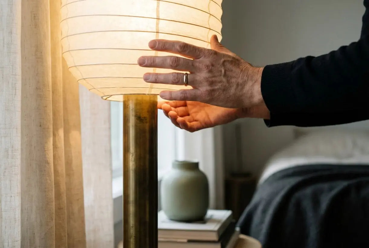 Handen die een moderne vloerlampkap aanpassen in een Scandinavische slaapkamer met warme sfeerverlichting