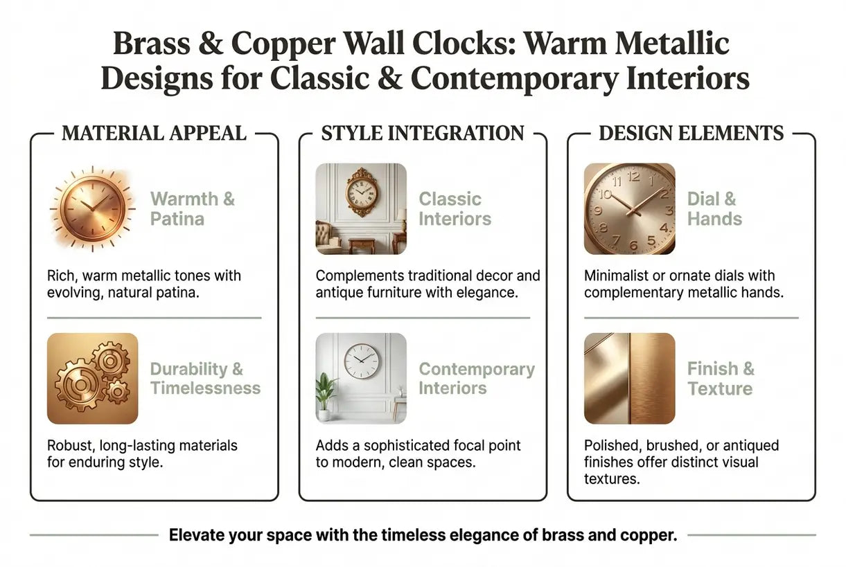 Messing- & Kupferwanduhren: Warme Metalldesigns für klassische & moderne Interieurs - Infografik