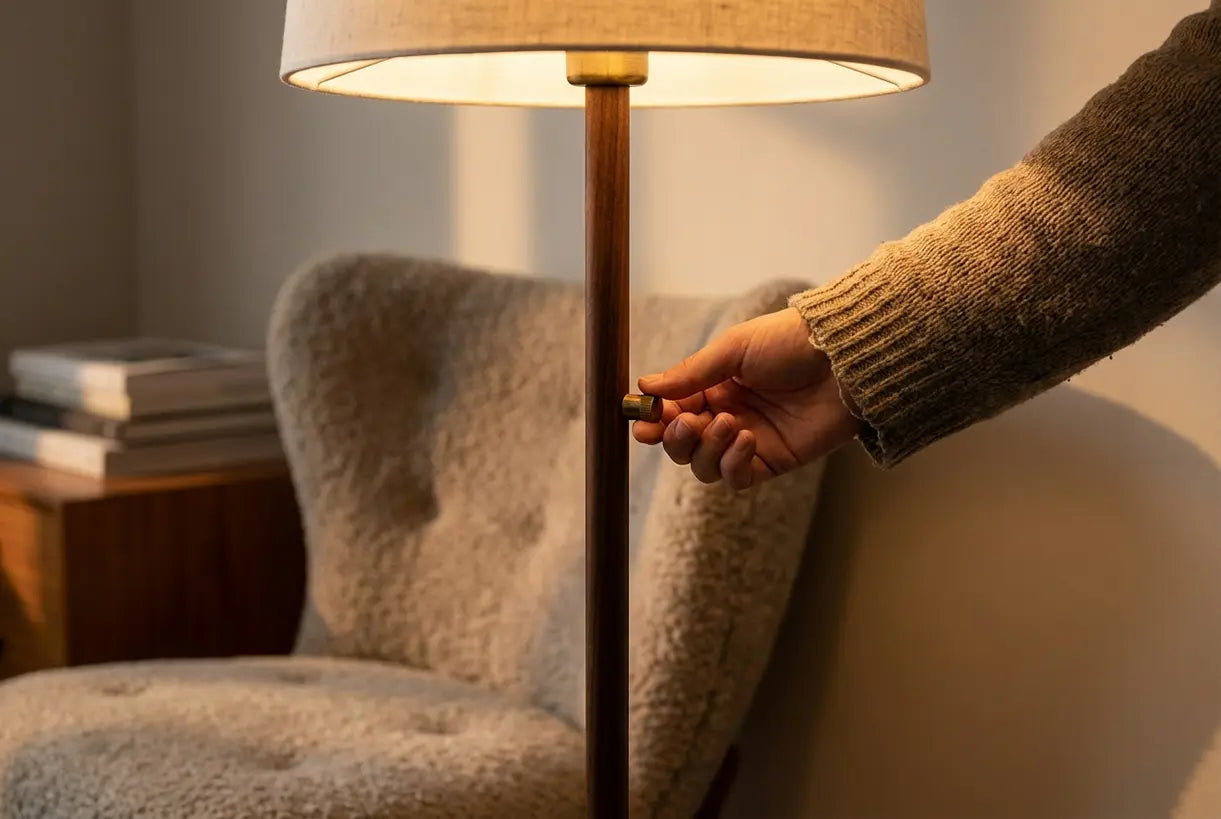 Hand stelt dimmer van hoek staande lamp in gezellige Scandinavische woonkamer in