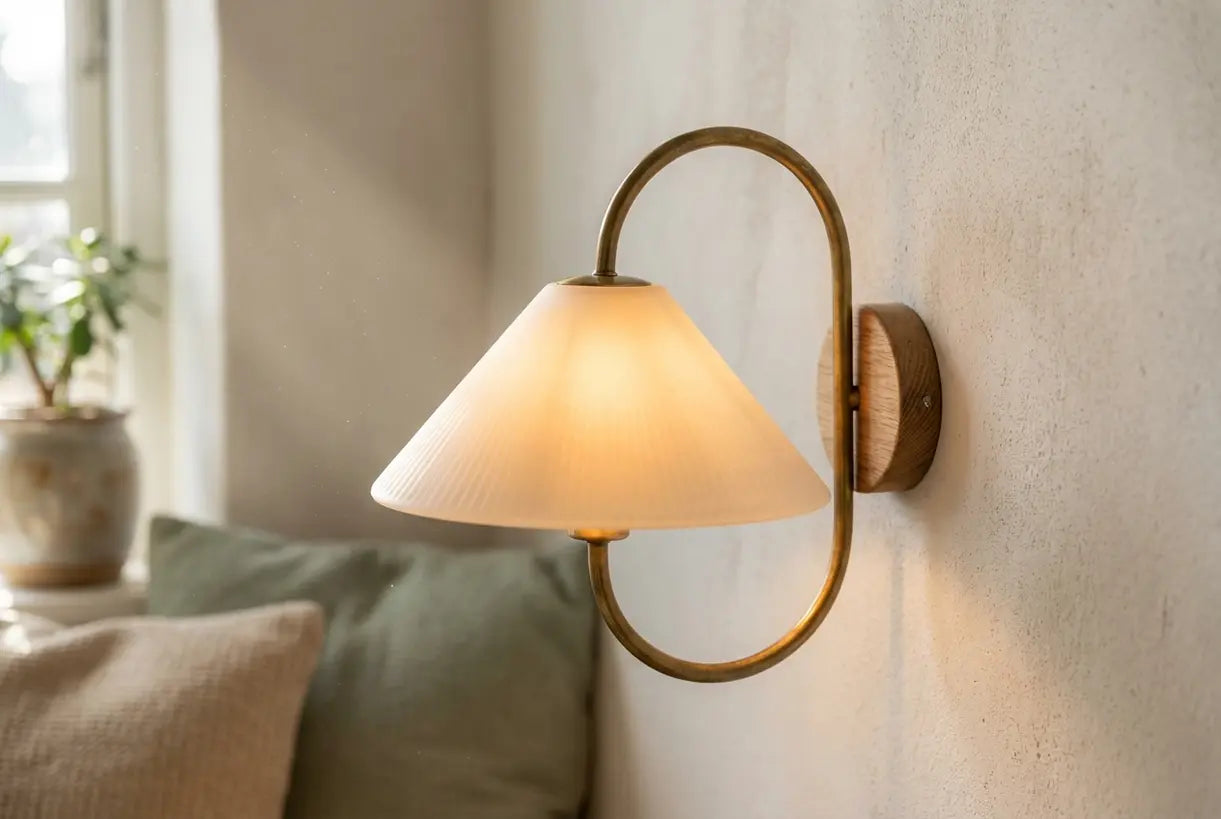 Close-up van handgemaakte scandinavische wandlamp met getextureerde glazen kap en warme sfeerverlichting