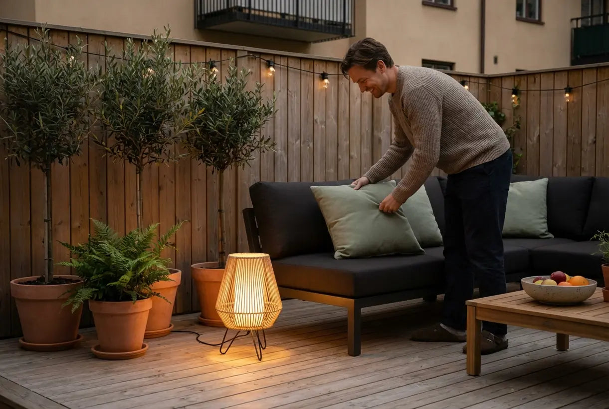 Persoon geniet van batterijgevoede buitenverlichting op Scandinavische patio
