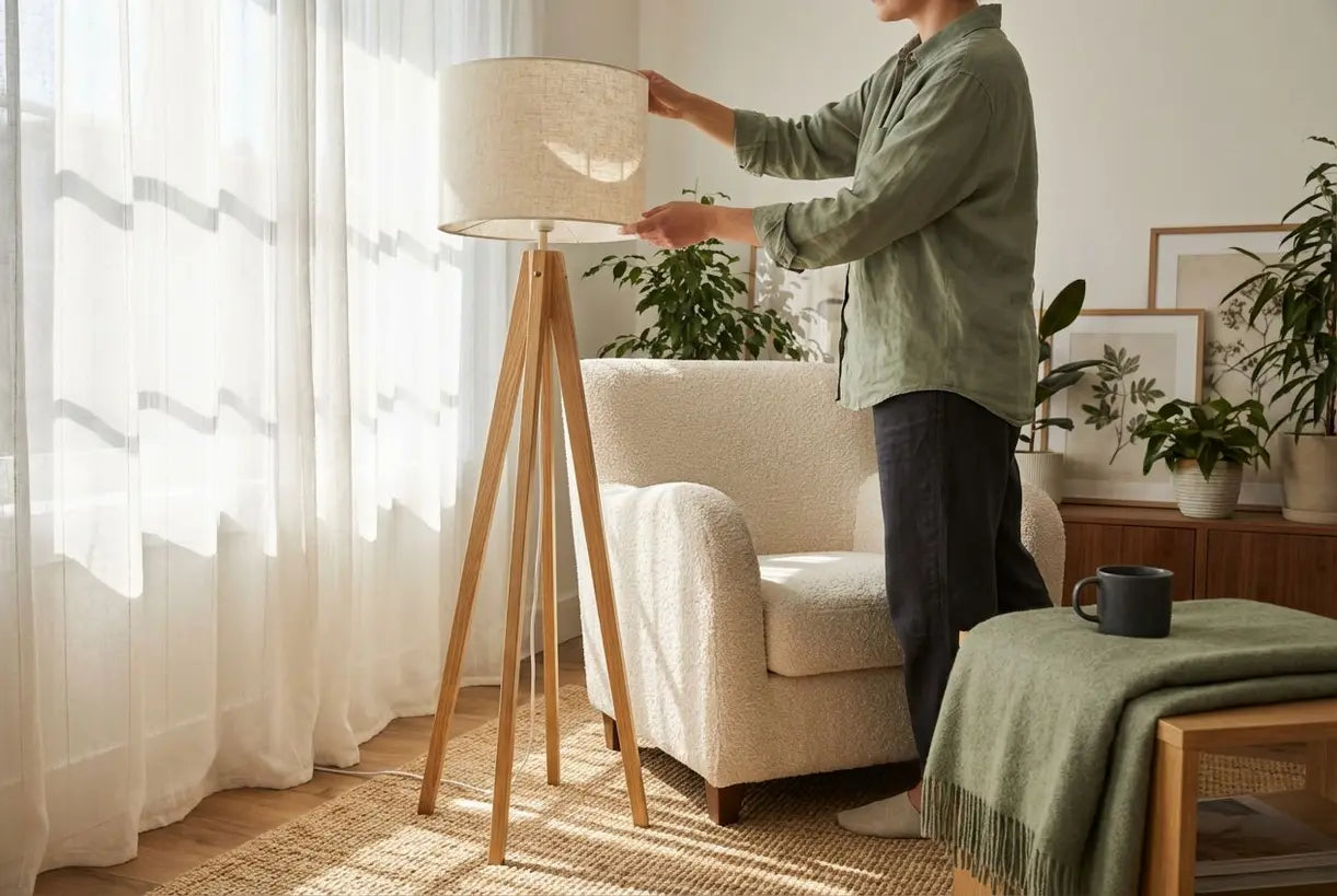 DIY vloerlamp in Scandinavische woonkamer met natuurlijk hout en stoffen kap