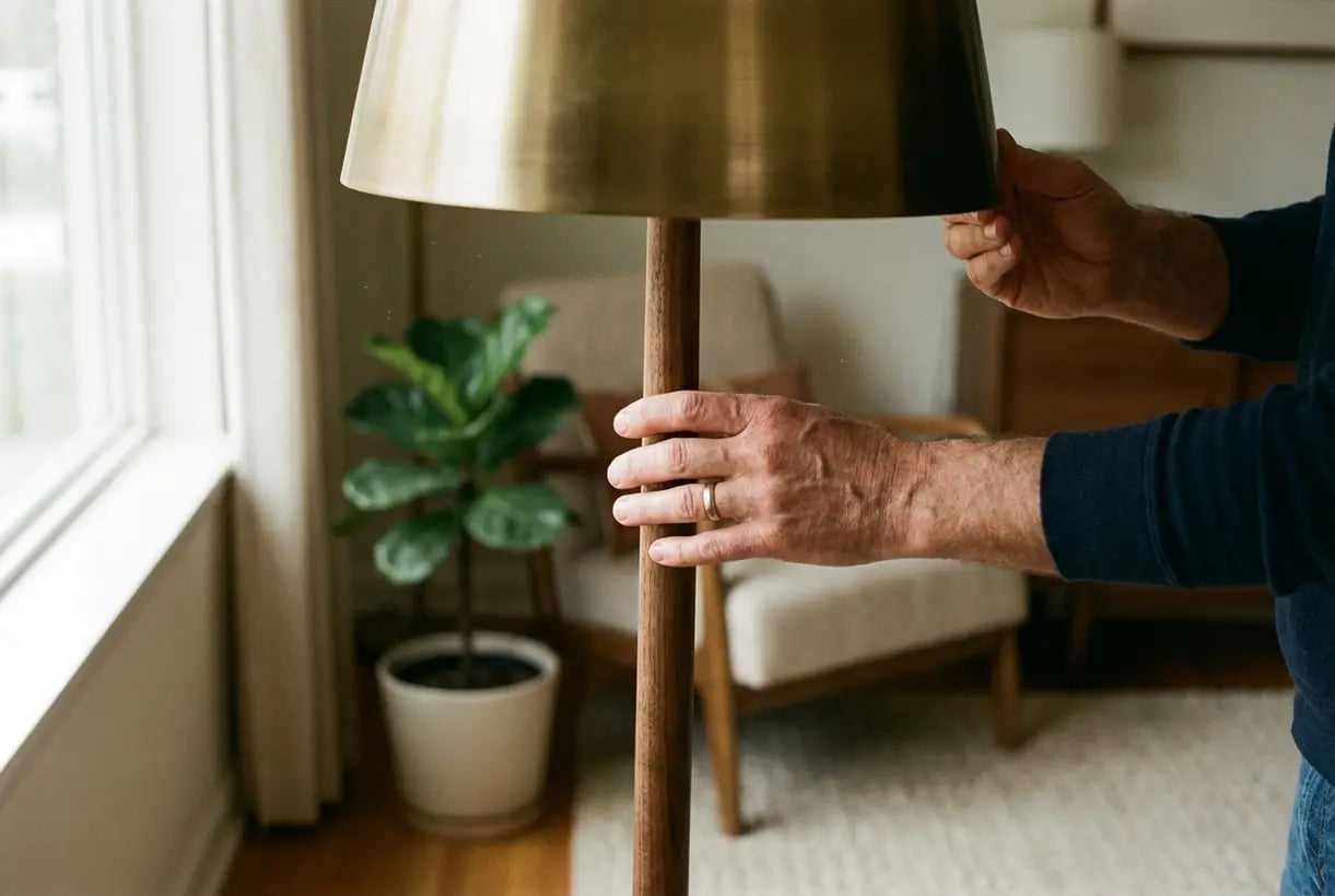 Close-up van handen die een mid-century messing vloerlamp met natuurlijke houten details afstellen