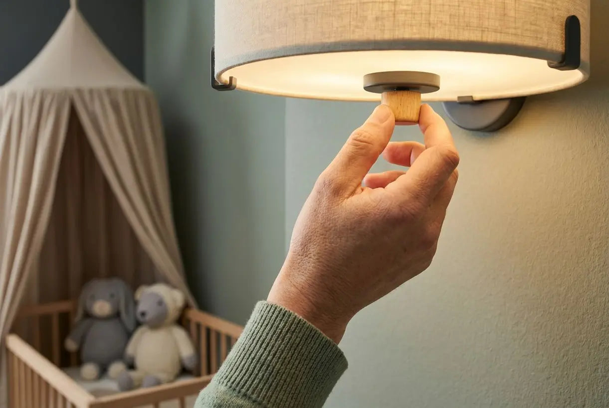 Ouder past dimmer plafondlamp kinderkamer aan voor zachte verlichting babykamer