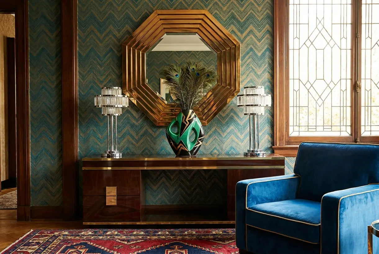 Art Deco interior styling with geometric mirror, chrome lamp, and sculptural vase arrangement