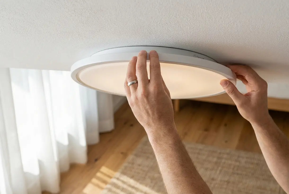 Handen monteren een lage plafondlamp voor vlakke montage in een Scandinavische slaapkamer