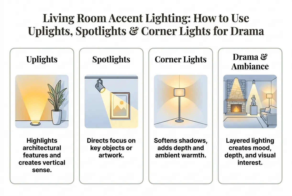 Living Room Accent Lighting: How to Use Uplights, Spotlights & Corner Lights for Drama - infographic