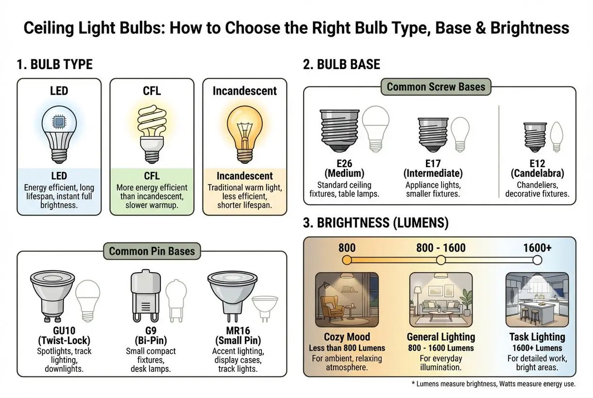 Plafondlampen: Hoe kies je het juiste lamptype, fitting & helderheid - infographic