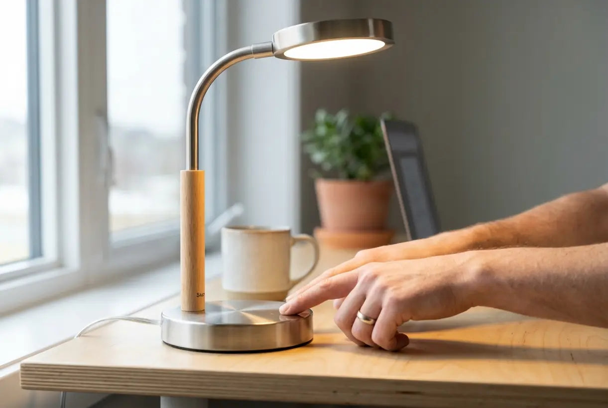 Iemand stelt een dimbare bureaulamp in voor de verlichting tijdens videogesprekken