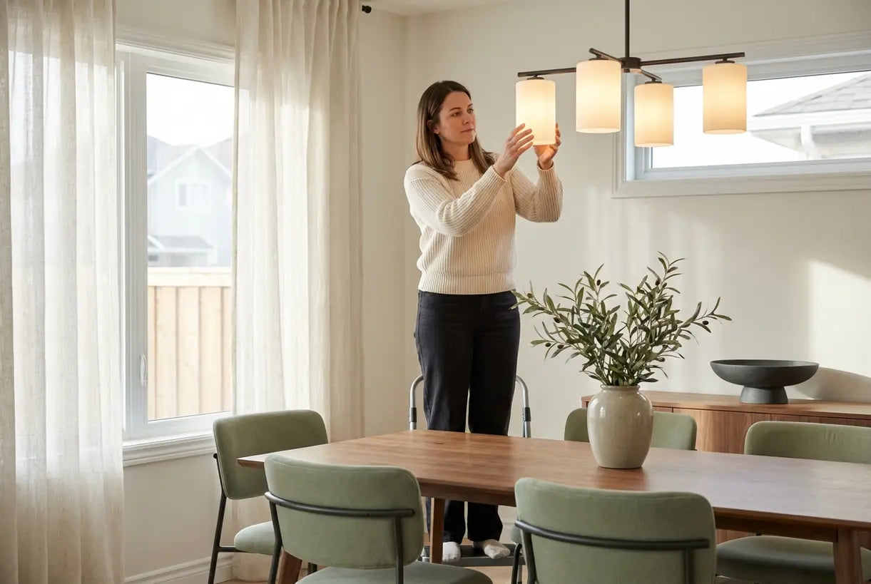 Vrouw past glazen kroonluchterskappen aan in Scandinavische eetkamer