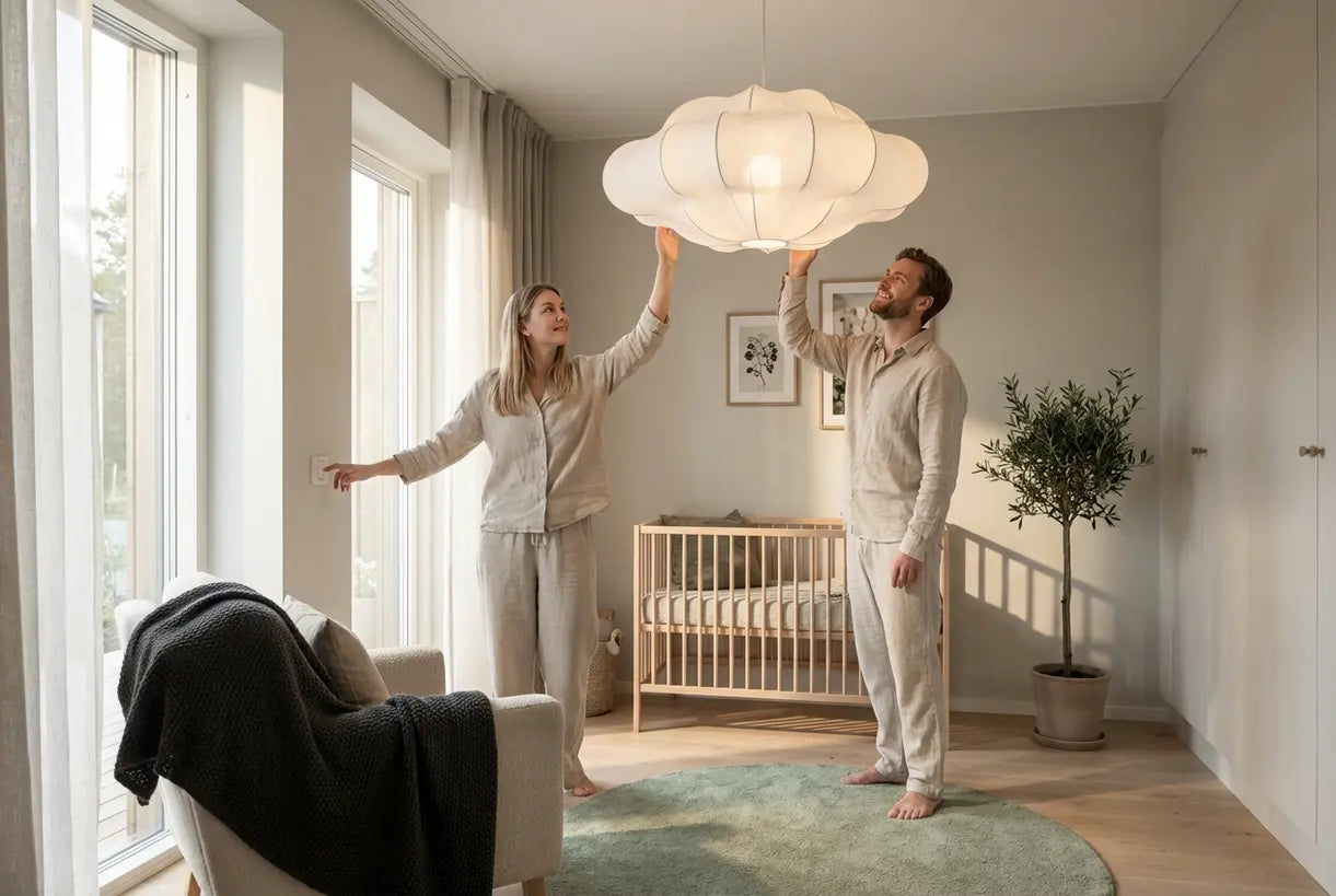 Koppel past dromerige wolkenplafondlamp aan in Scandinavische slaapkamer