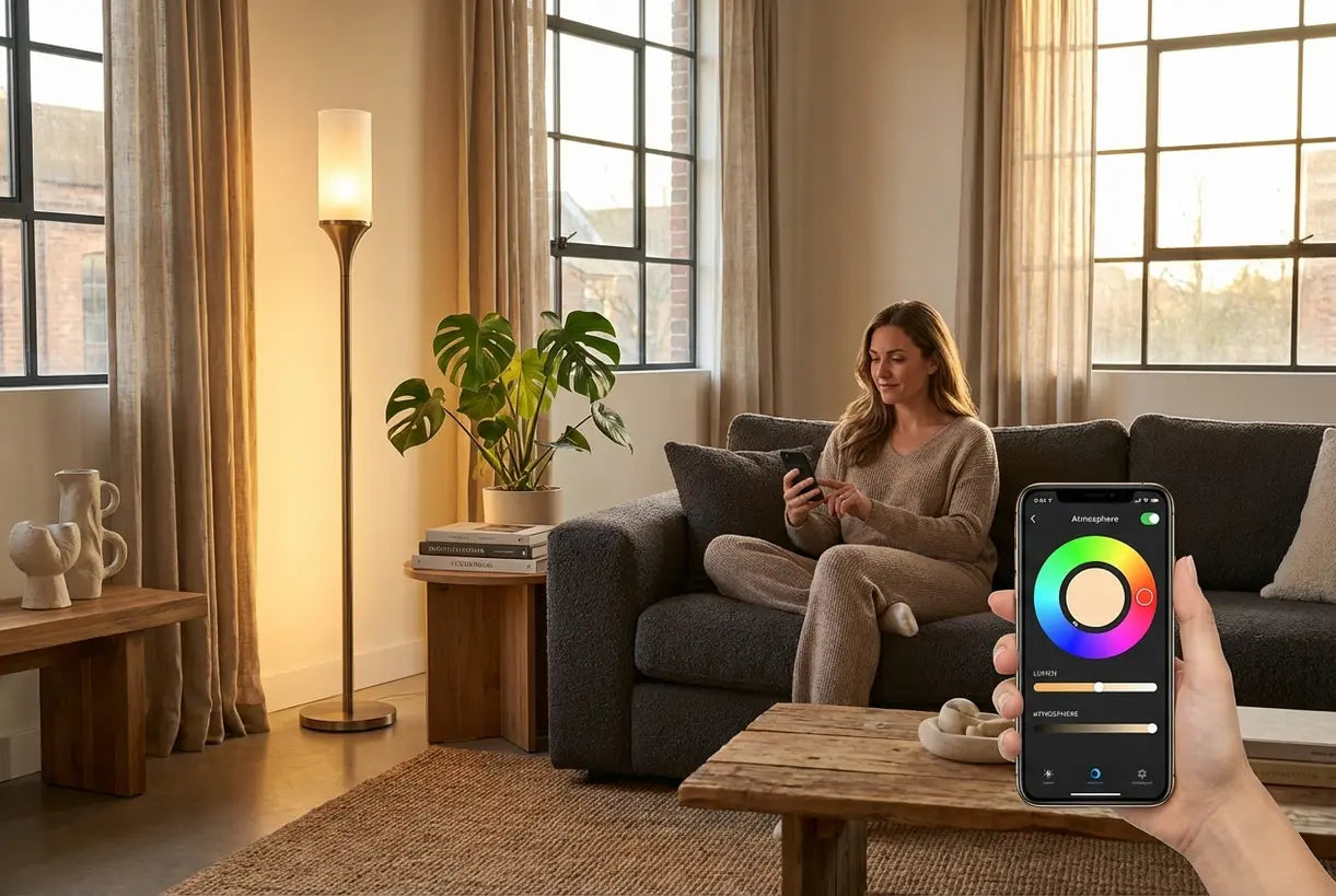 Persoon die een smartphone-app gebruikt om een kleurveranderende slimme vloerlamp te bedienen in een moderne woonkamer