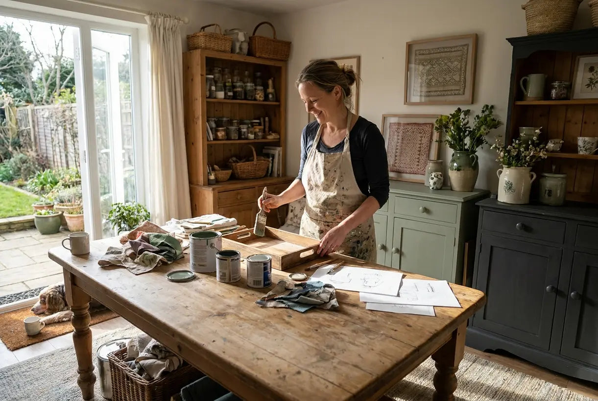 DIY home decor workspace with person crafting handmade decorative items in Scandinavian interior