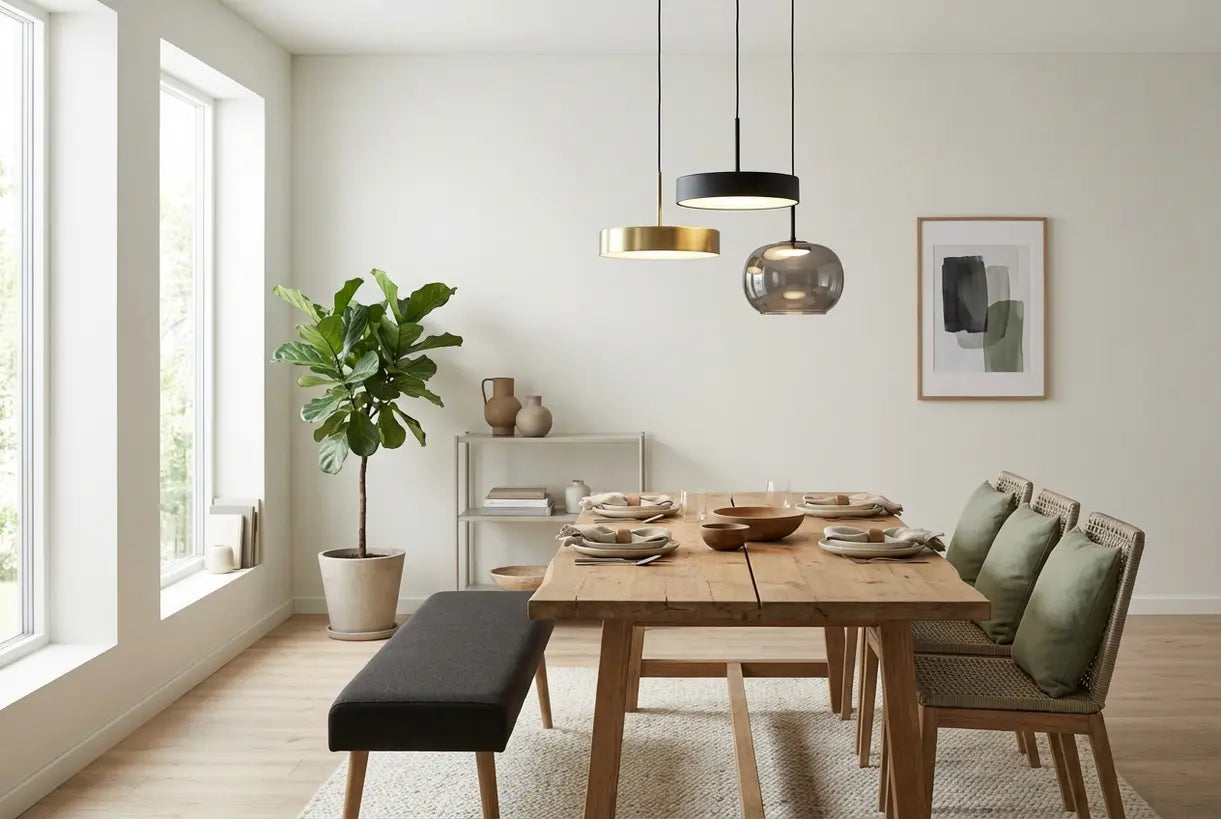 Moderne eetkamer met een groep led-hanglampen