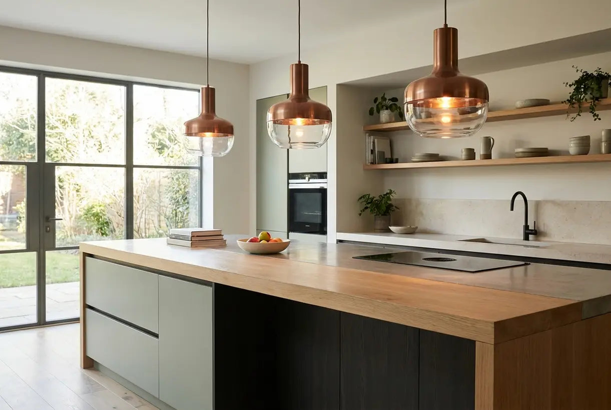 Koperen en glazen hanglampen boven een modern keukeneiland in een eigentijds huis