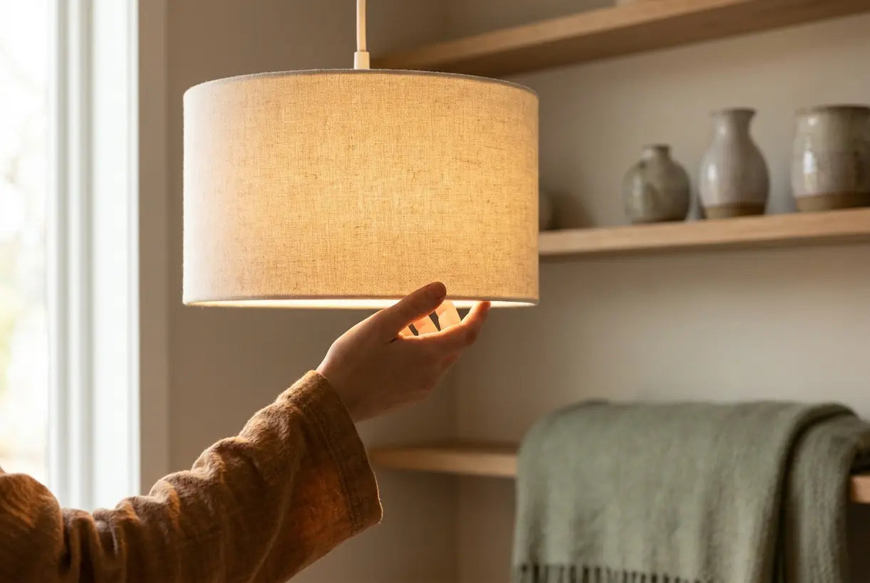 Hand adjusting linen pendant light in warm minimalist interior with natural wood and ceramic decor
