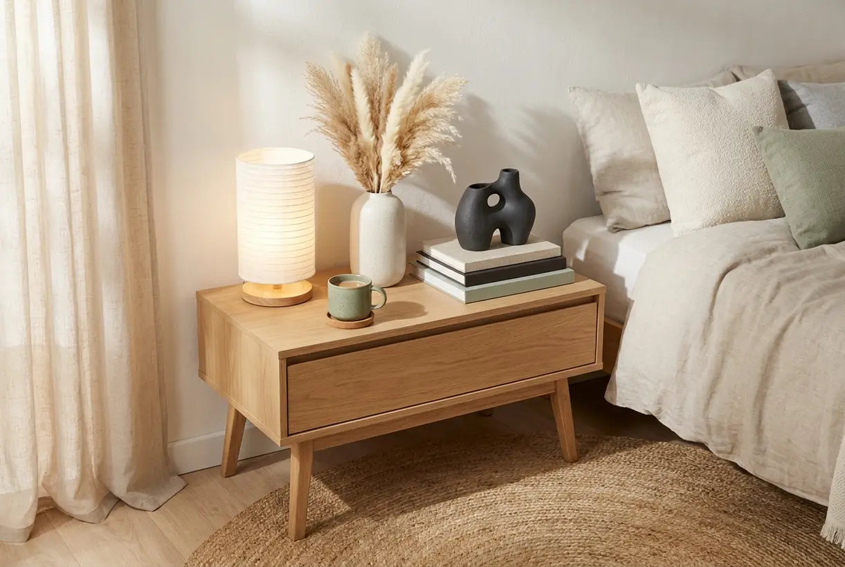 Scandinavian styled side table with lamp, ceramic vase and books in warm natural light