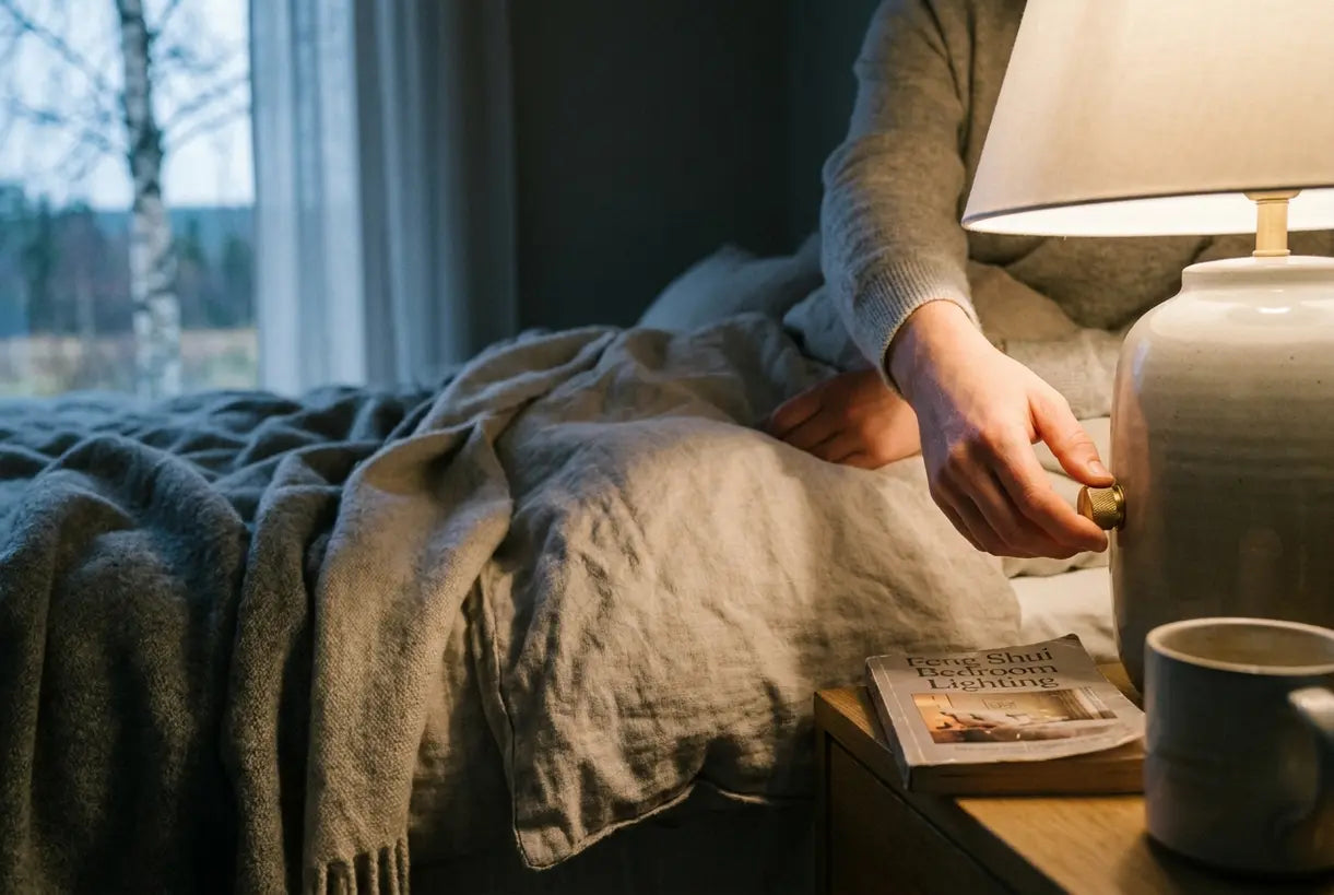 Hands adjusting a dimmable bedside lamp for feng shui bedroom lighting harmony