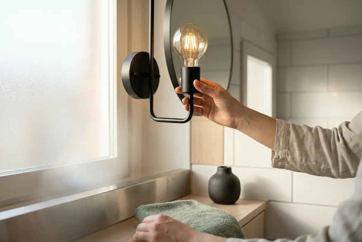 Hands adjusting a minimalist Scandinavian bathroom sconce with soft warm glow and brushed metal finish