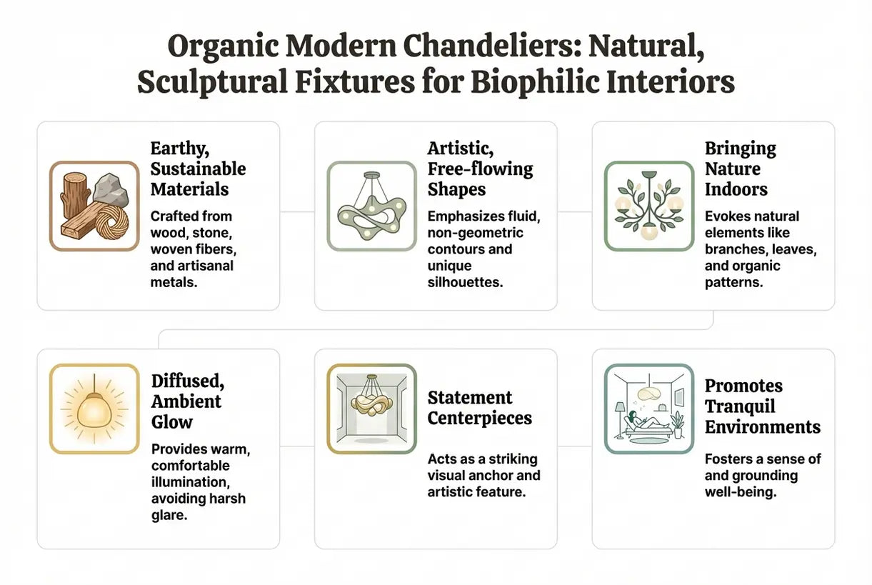 Organic Modern Chandeliers: Natural, Sculptural Fixtures for Biophilic Interiors - infographic