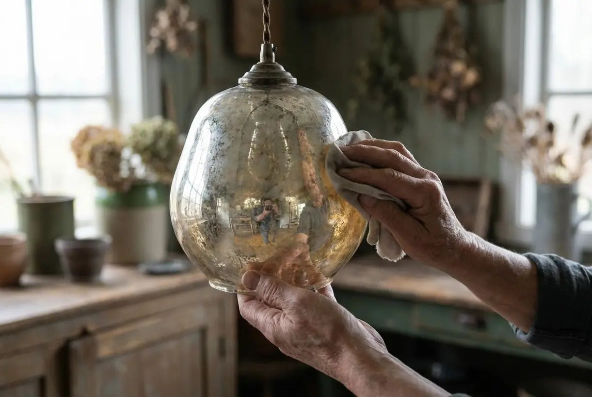 Handen poetsen vintage kwartszilveren hanglamp met verouderde zilveren afwerking