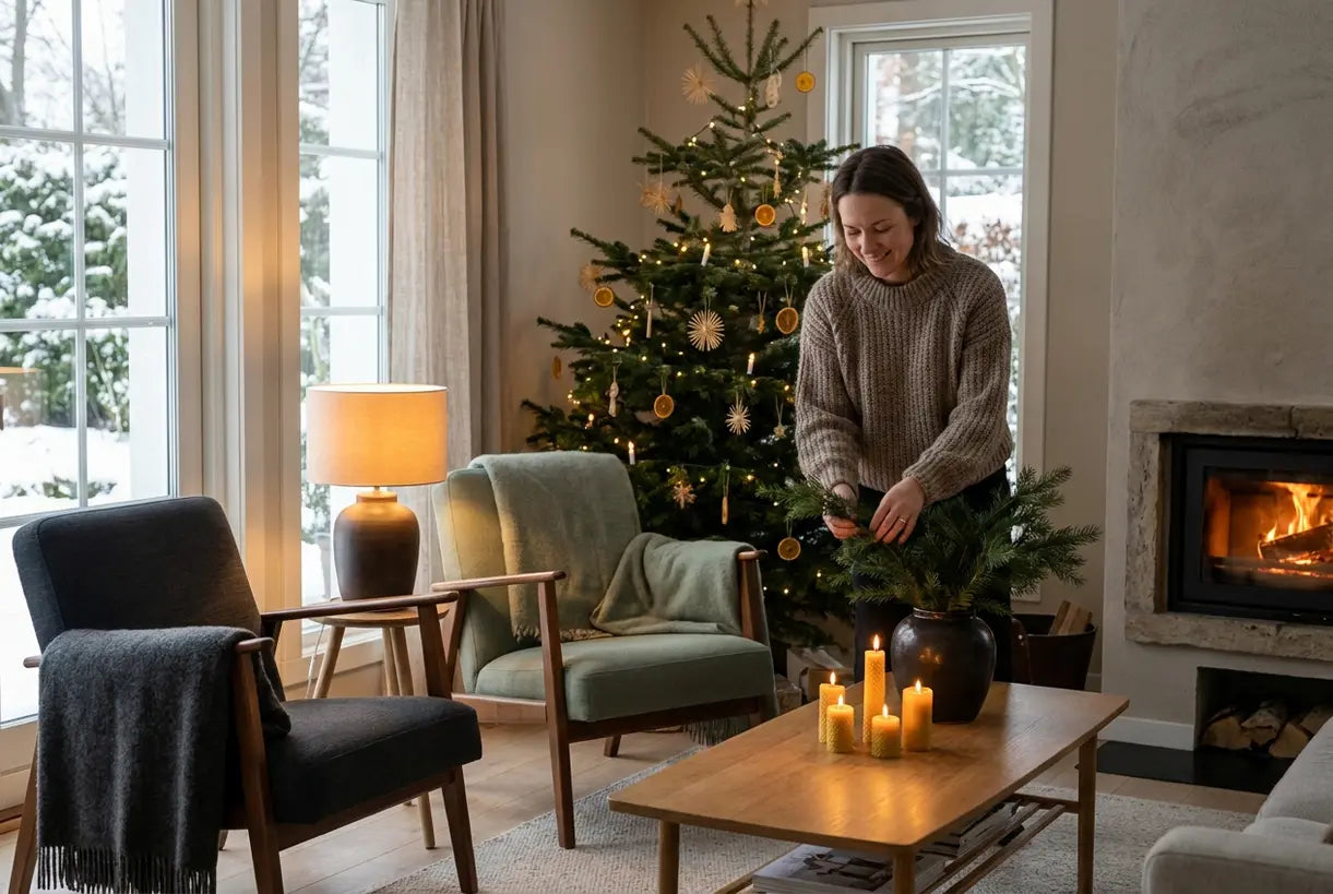 Cozy living room with soft warm lighting and natural Christmas centerpiece