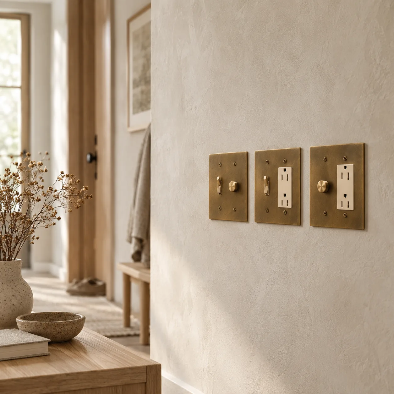 Knappa 2-Gang Brass Toggle and Dimmer Switch, styled in a Scandinavian interior