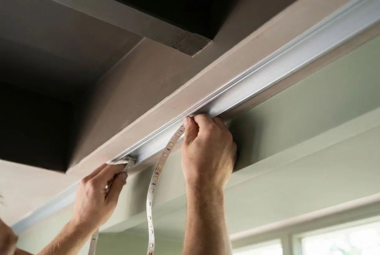 Handen plaatsen een ledstrip in een aluminium profiel voor indirecte plafondverlichting
