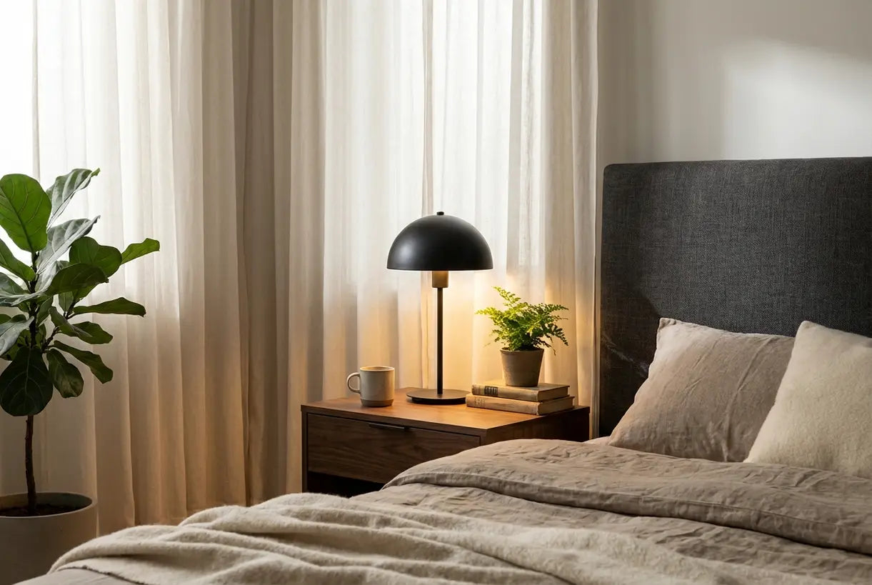 Zwarte tafellamp die Scandinavische slaapkamer verlicht met stemmig decor