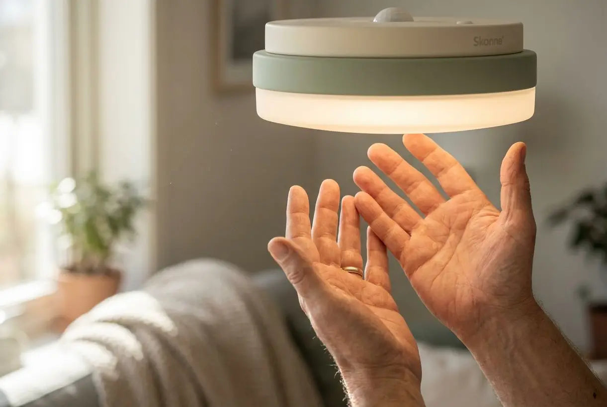 Handen reiken naar plafondarmatuur met bewegingssensor die automatische handsfree verlichting activeert