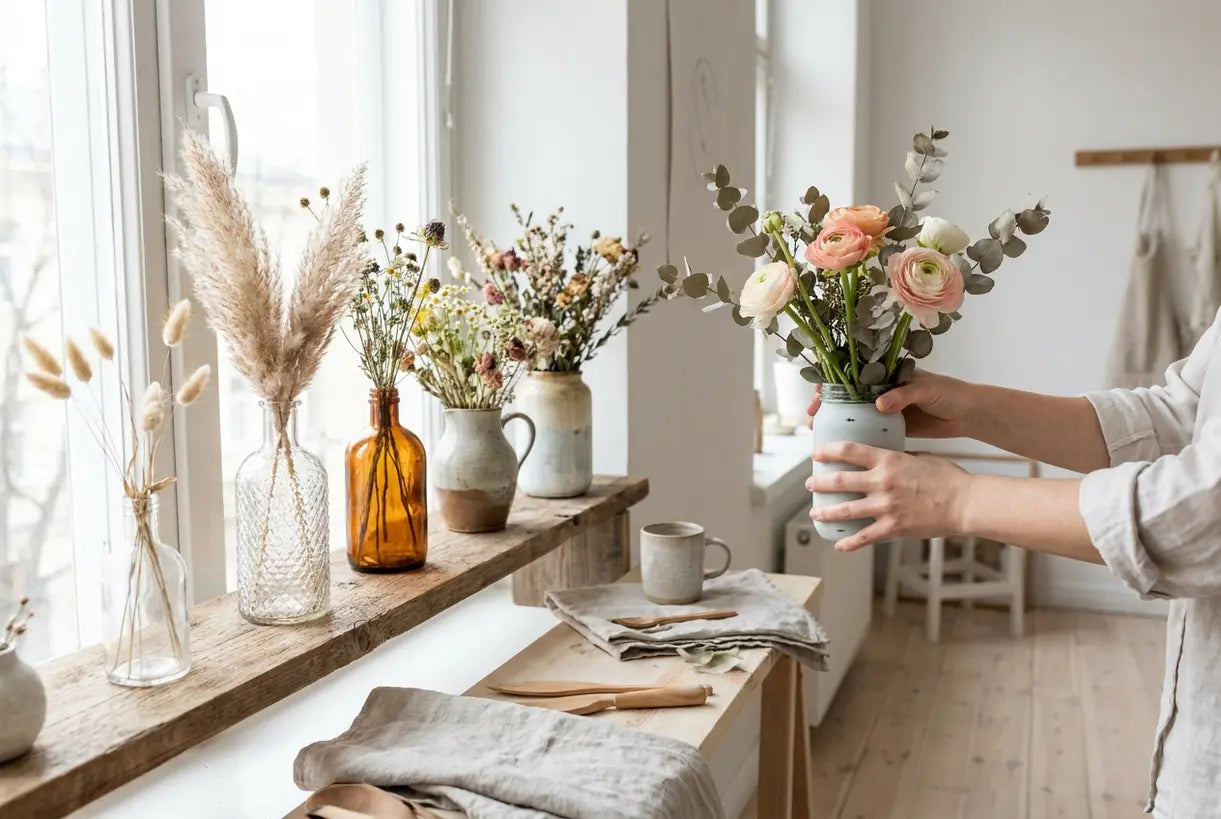 Collection of finished DIY flower vases displayed in Scandinavian home setting
