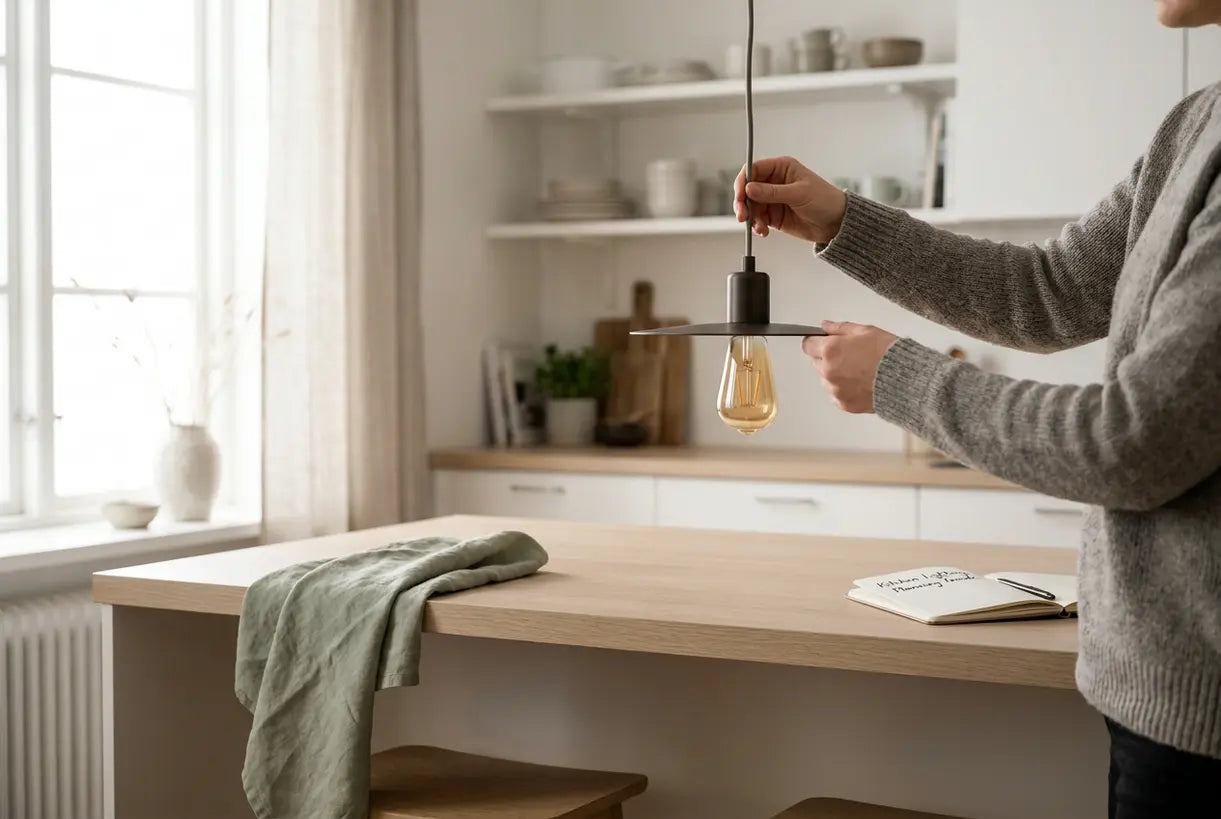 Hands adjusting pendant light height in Scandinavian kitchen