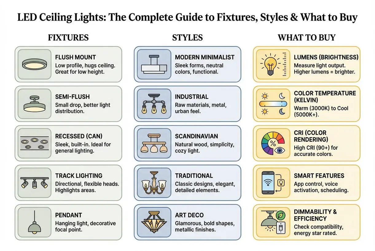 LED Plafondverlichting: De complete gids voor armaturen, stijlen & wat te kopen - infographic