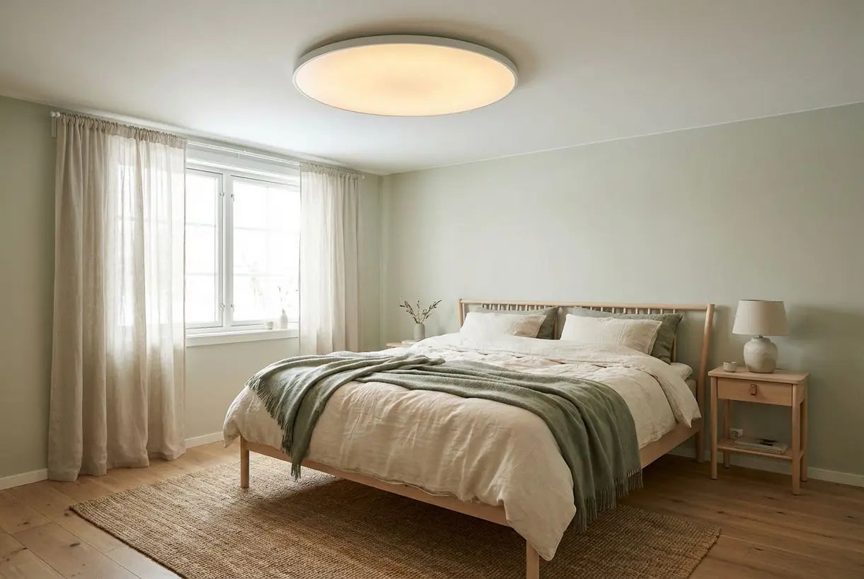 Scandinavische slaapkamer met een lage plafondlamp voor vlakke montage die de ruimte verlicht