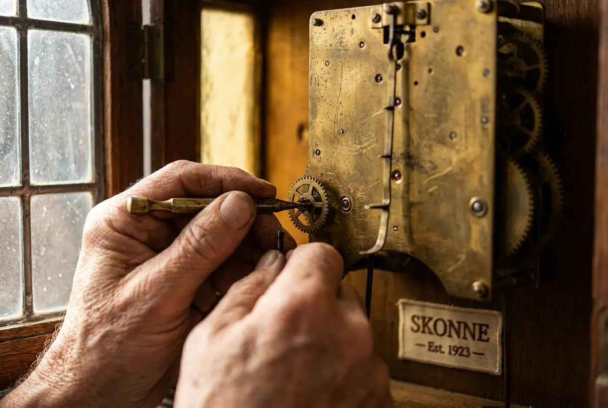 Hände, die den Mechanismus einer Vintage-Messingwanduhr bei sanftem, natürlichem Licht einstellen