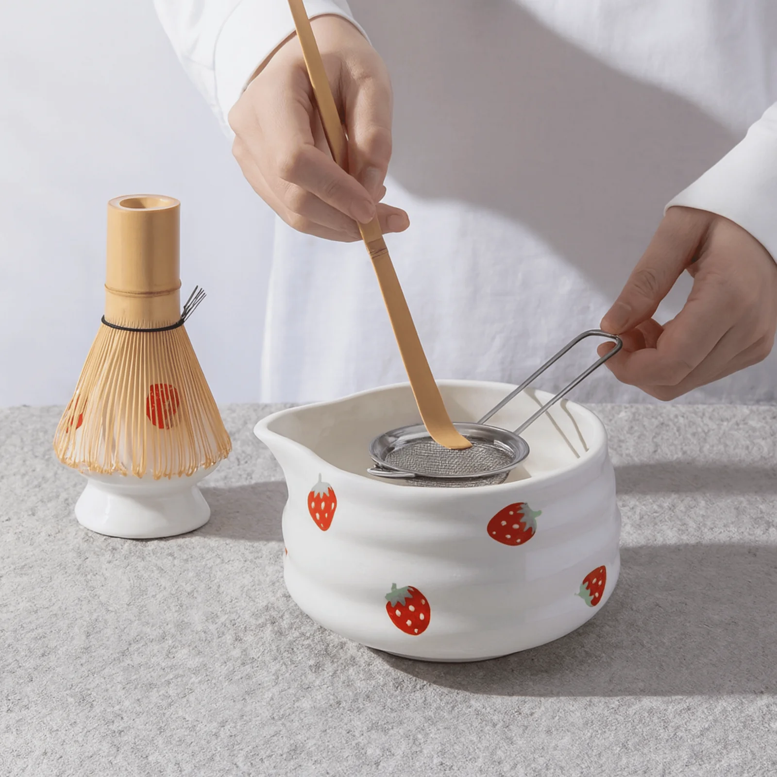 Ceramic Strawberry Matcha Bowl and Whisk Set Gift, Tea Sets, Jorba