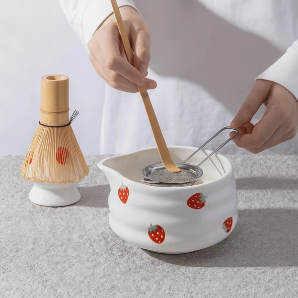 Jorba Strawberry Ceramic Matcha Bowl Whisk Set