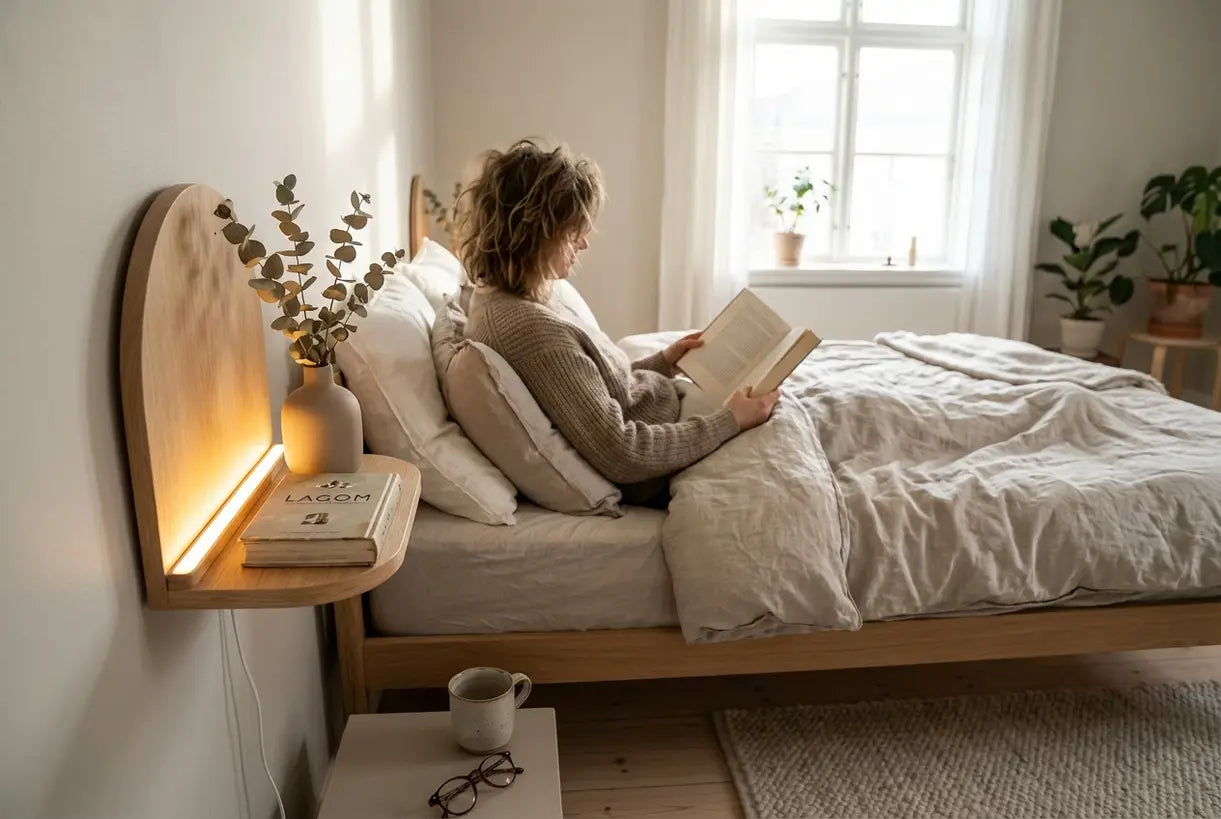 Scandinavische slaapkamer met wandplank met wandlamp die decoratie naast het bed toont