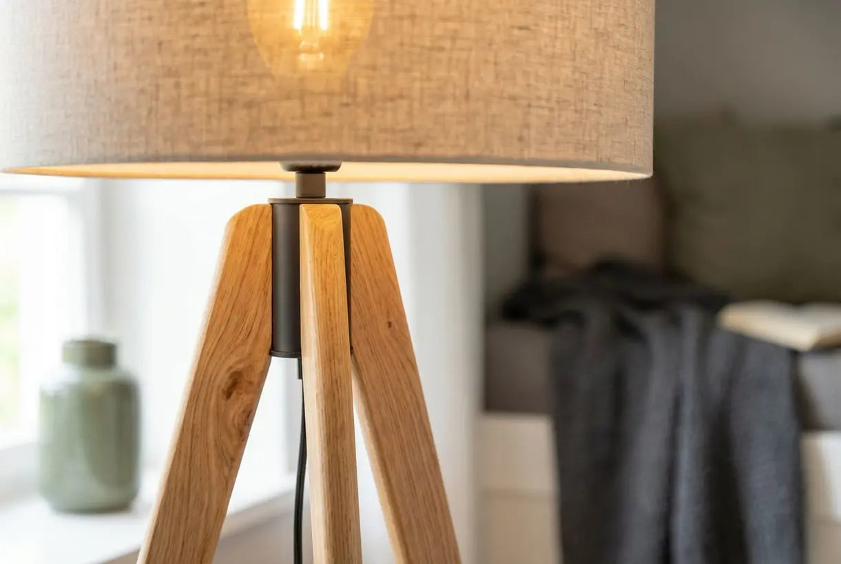 Detail van poot van een tripod vloerlamp van natuurlijk hout met organische nerfstructuur en warme gloed