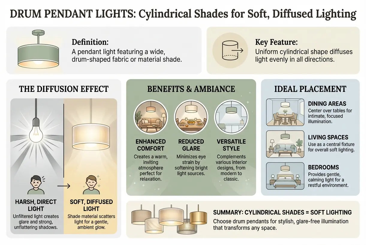 Drum hanglampen: Cilindervormige kappen voor zachte, diffuse verlichting - infographic