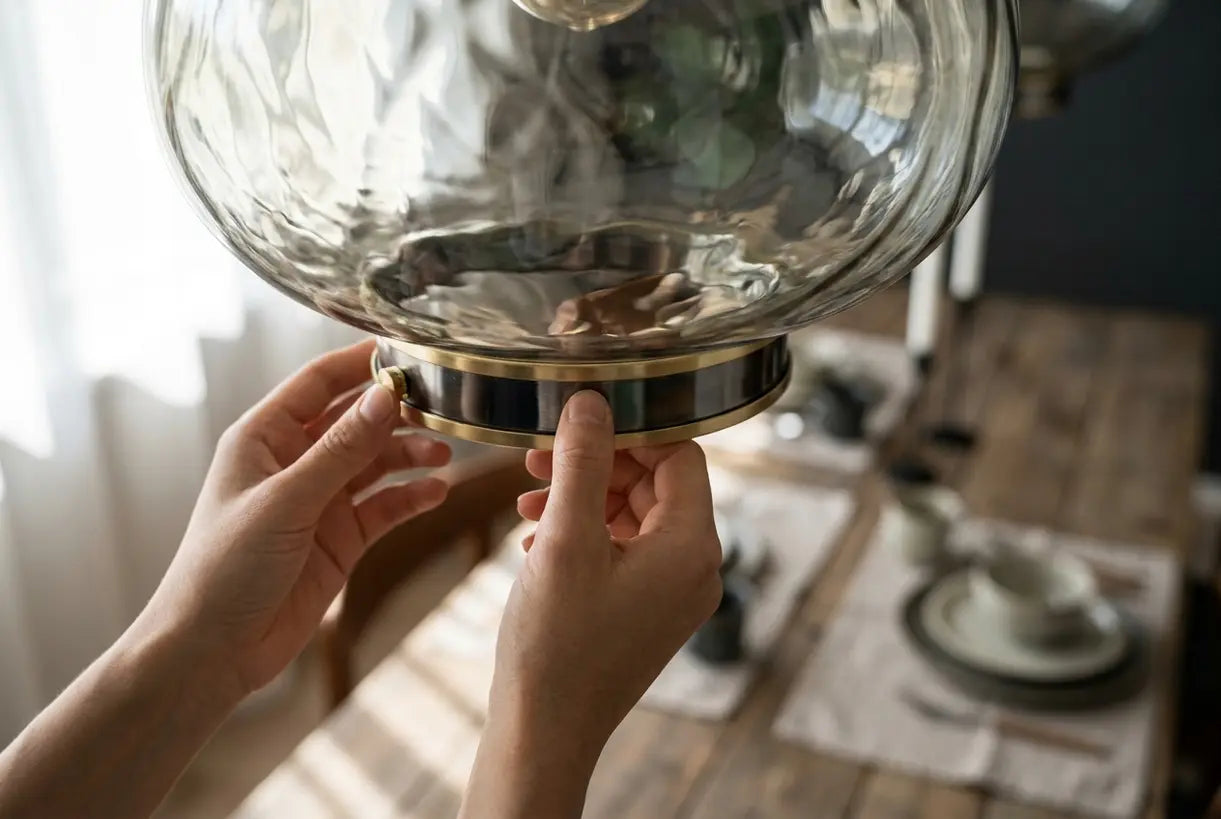 Hands adjusting modern sculptural pendant light above dining table, contemporary dining room lighting trends