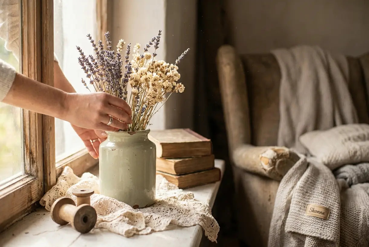 Close-up of hands arranging dried lavender in a rustic ceramic vase on a distressed white wooden surface with soft natural lighting