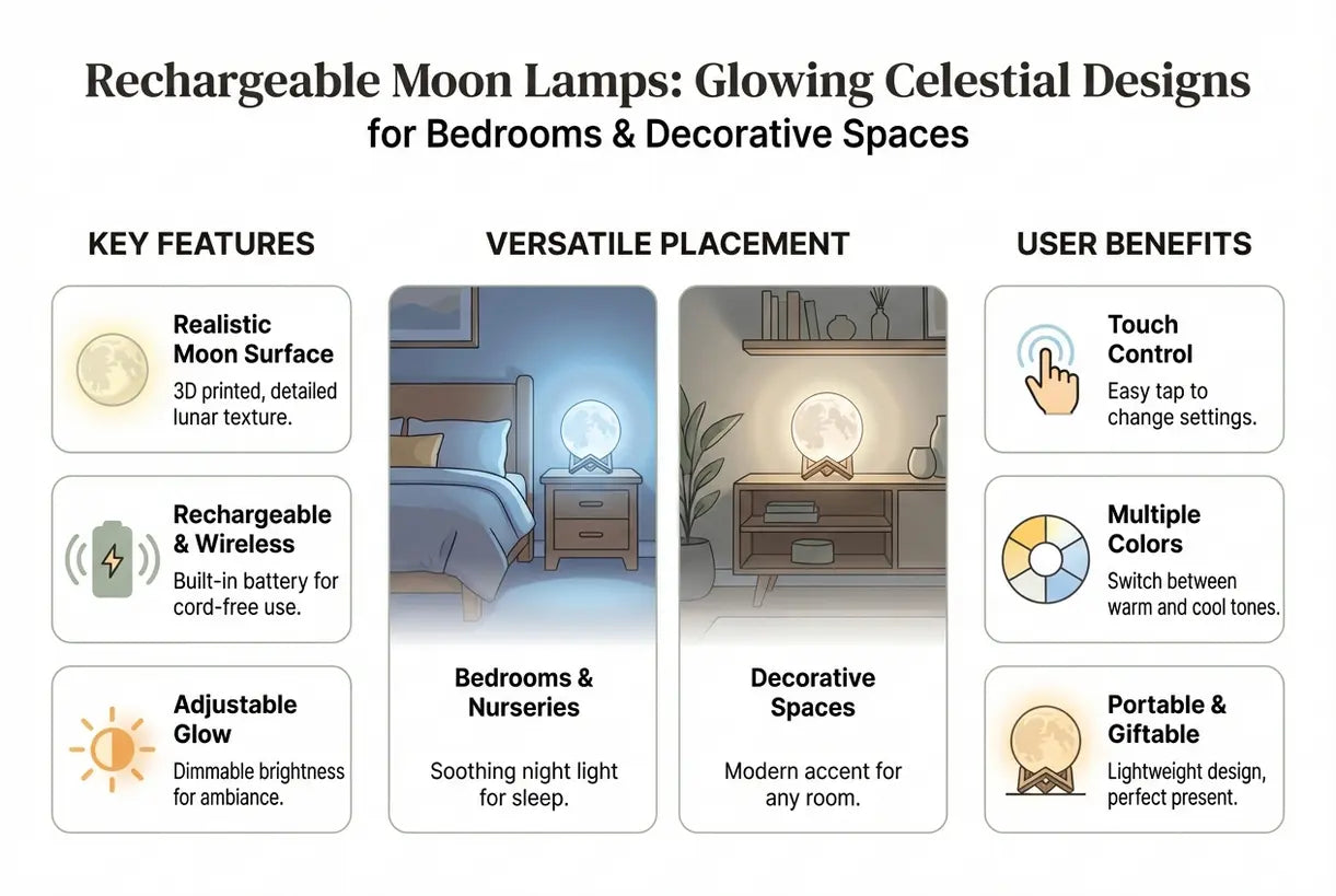 Oplaadbare maanlampen: oplichtende hemelse ontwerpen voor slaapkamers en decoratieve ruimtes - infographic