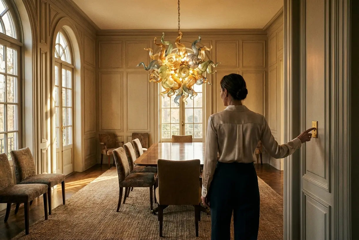 Luxe eetkamerinterieur met Murano glazen kroonluchter die een warme elegante ambiance creëert