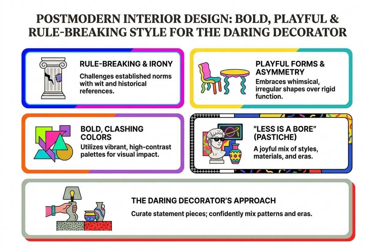 Postmodern Interior Design: Bold, Playful & Rule-Breaking Style for the Daring Decorator - infographic