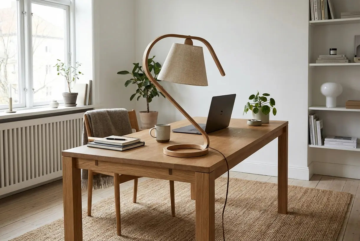Scandinavische thuiskantoor werkplek met designer bureaulamp en Scandinavisch interieurontwerp