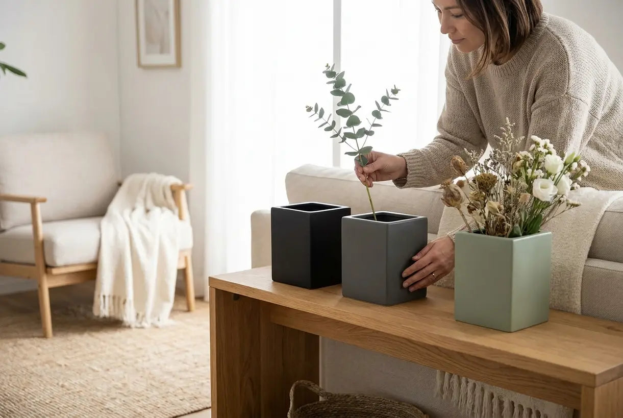 Modern Scandinavisch interieur met vierkante bloemenvazen gestyled op houten consoletafel