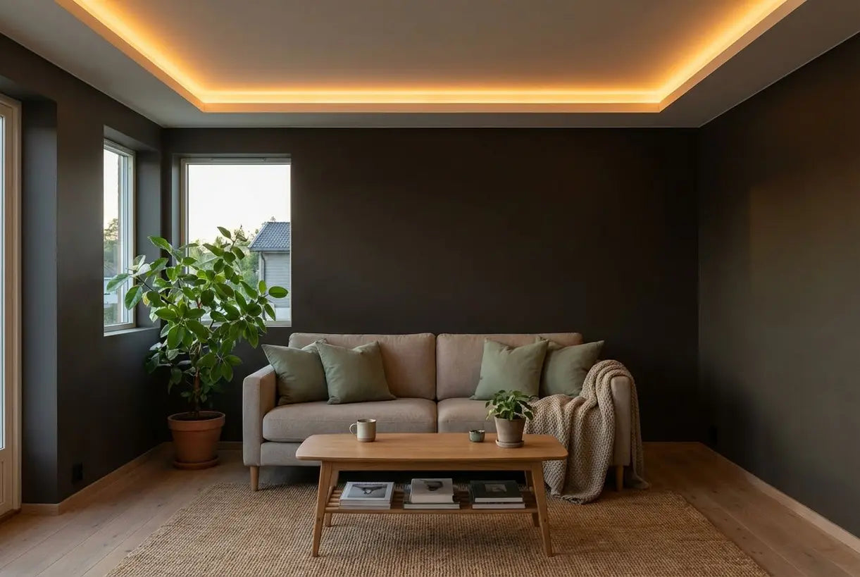 Scandinavische woonkamer met indirecte ledverlichting in een plafondkoof en warm sfeerlicht